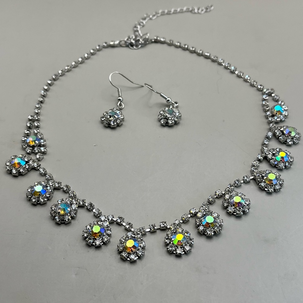 Mesmerizing Silver and Iridescent Crystal Necklace and Earring Set